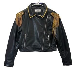 H&M Kids Black Faux Leather Jacket with Handmade Gold Accents. Size 16 Kids